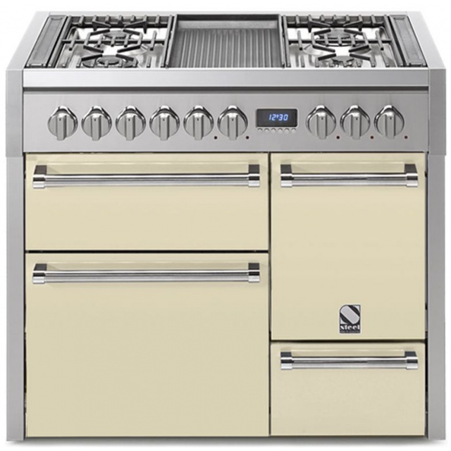 Aragaz Steel Genesi G10FFF-D, 100X60cm, 6 arzatoare, 3 cuptoare, timer, aprindere electronica, usa solida, celeste