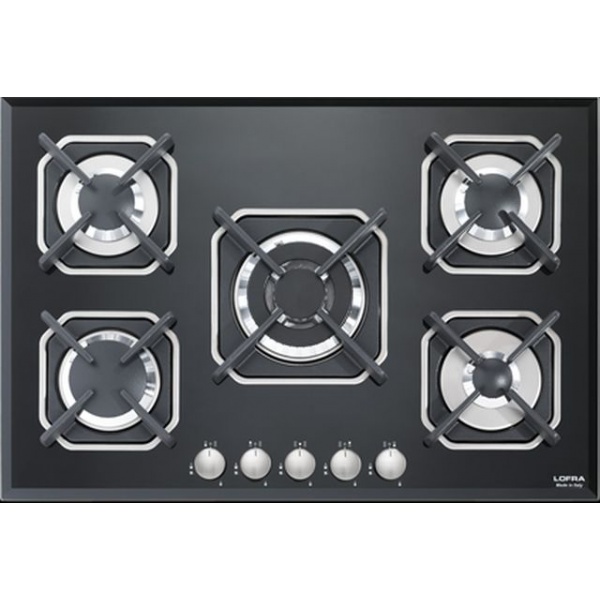 Plita incorporabila Lofra Sirio HGN7E0, 75 cm, plita gaz, 5 arzatoare,sistem siguranta Stop-Gaz,sticla neagra