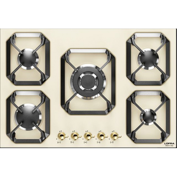 Plita incorporabila Lofra Dolcevita HRBI7A0, 75 cm, plita gaz, 5 arzatoare,sistem siguranta Stop-Gaz, crem